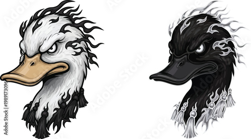 Two stylized angry duck heads, one white with black flames and one black with white flames, facing forward with intense expressions.