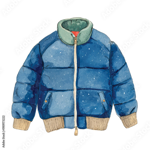 Blue puffer jacket with zipper.