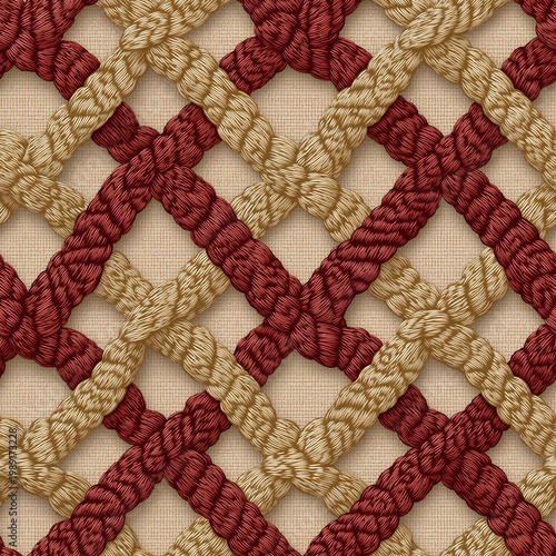 Intricate macrame pattern with interwoven burgundy and beige twisted ropes forming a detailed.