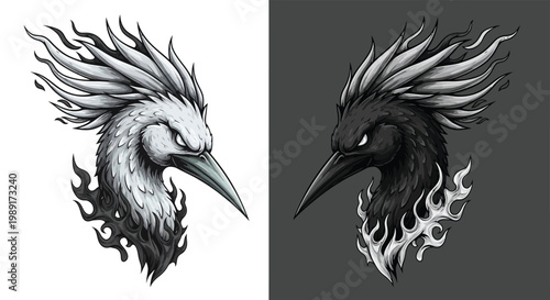 Stylized black and white bird heads with fiery crests and flames representing duality and contrast.