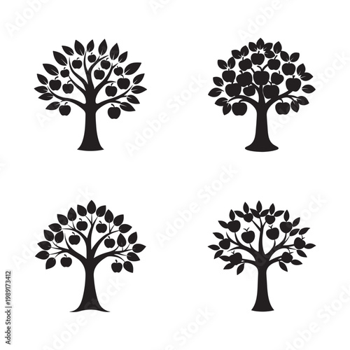 Four black silhouettes of trees with leaves and apples on white background  tree silhouettes with apples and leaves  black tree silhouettes