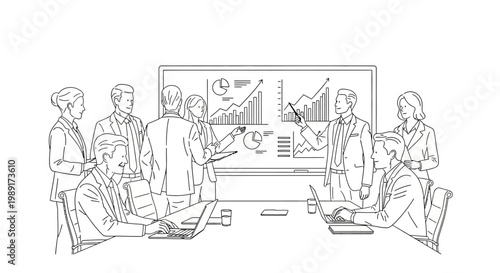 Business meeting, team analyzing charts on whiteboard, presentation, strategy, planning