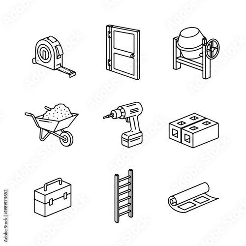 A set of nine black and white isometric line icons featuring various construction tools and materials such as a drill, ladder, and blueprints.