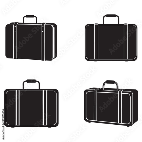 Four black suitcases with white lines in various positions isolated on white background