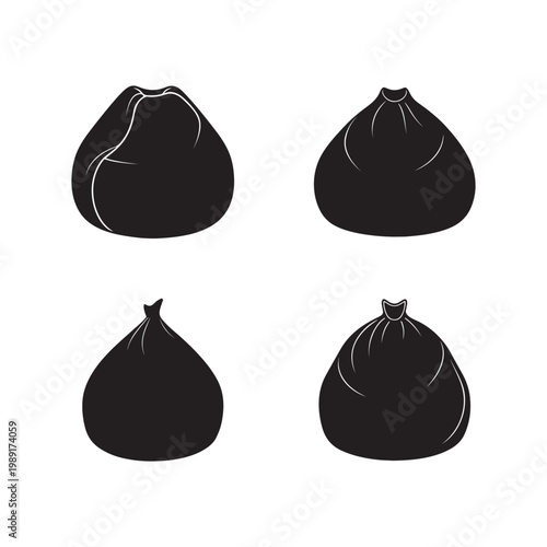 Four black trash bags isolated on white background for waste management and disposal concepts