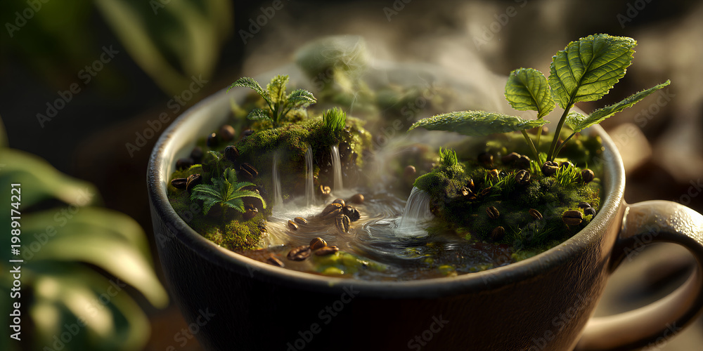 Fototapeta premium Small mossy environment within cup. Tiny landscape with waterfall and lush plants