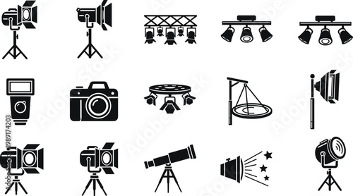 Professional Vector Icon Set of Studio Lighting Equipment Photography Gear Film Spotlights Stage Lights Camera Flash and Telescope for Cinematography Media Production and Creative Arts