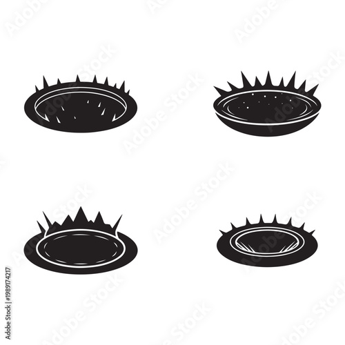 Four black UFO flying saucer icons with spikes isolated on white background  simple silhouettes  no branding