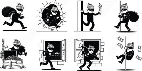 Professional Vector Illustration Set of Cartoon Burglar Character Committing Crimes Including Breaking Through Wall Stealing Treasure Chest Escaping via Window and Climbing Pole for Security Concepts