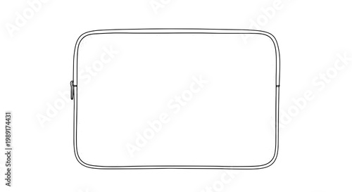 Laptop sleeve outline icon with zipper pull, rounded corners, minimal black line art frame featuring case,