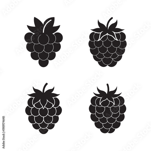 Four blackberry silhouettes with white outlines on plain white background  blackberries with leaves  fruit icons
