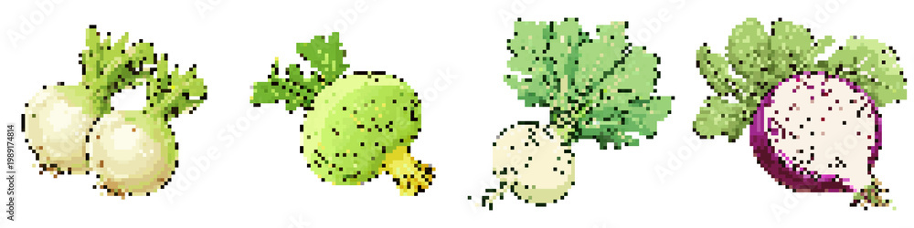 Fototapeta premium Kohlrabi pixel icon set. retro, pixelated 2d graphics for games and apps