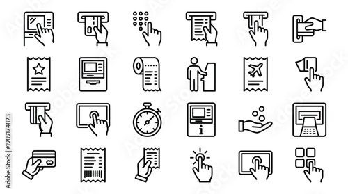 Collection of line art icons representing various payment and transaction methods