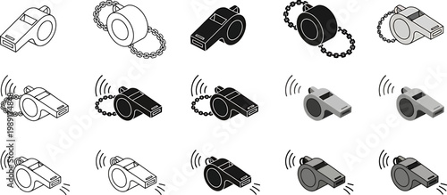 Collection of isometric whistle icons in multiple styles including outline solid black and grayscale with sound wave symbols