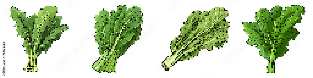 Fototapeta premium Mustard greens pixel icon set. retro, pixelated 2d graphics for games and apps