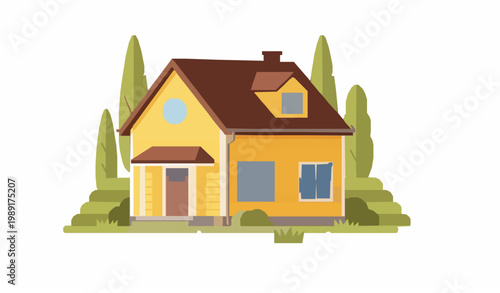 Yellow House with Stay Home Sign Vector Illustration Suburban Landscape Scene