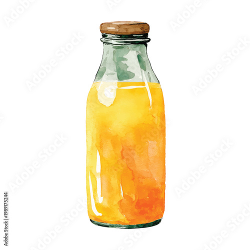 Glass bottle of orange juice.