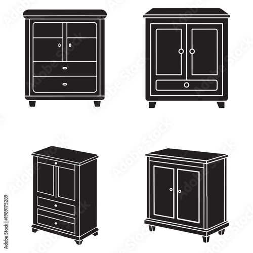 Four different black and white cabinet and dresser furniture designs with doors and drawers  various styles and configurations