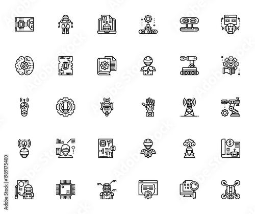 Robotics Engineering icon set. Vector icons pack for PCB, prototype, AI, drone, robot, circuit, programming, 3D sensor, technology and more.