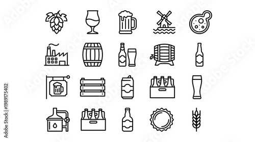 Collection of black and white line icons representing wine beer and related items