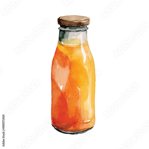 Glass bottle with orange juice.