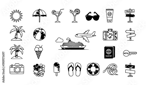 Beach party and summer travel vector icon set with vacation symbols, holiday elements and tourism objects in clean flat design