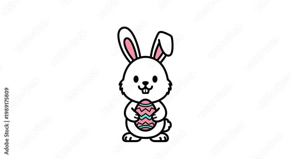 Obraz premium This cute cartoon vector illustration features a happy baby easter bunny with long ears and colorful eggs, perfect for a fun holiday card design