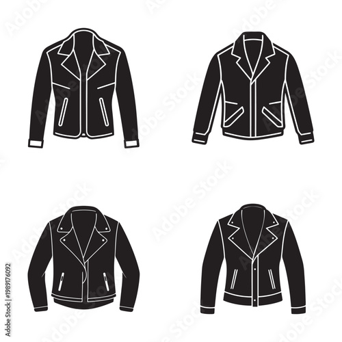 Four different black jackets with white outlines on a white background  various styles and designs of jackets  fashion and clothing