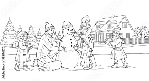 Family fun in the snow parents and children building a snowman together on a winter day with a house in the background