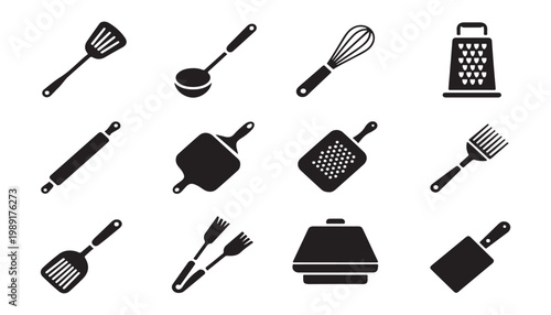 Assorted kitchen utensils and tools displayed in a simple black and white line art style