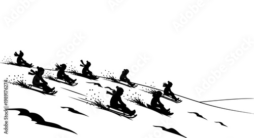 Dynamic black and white illustration capturing the exhilarating thrill of multiple people sledding at high speed down a snowy winter landscape, depicting joyous outdoor recreation