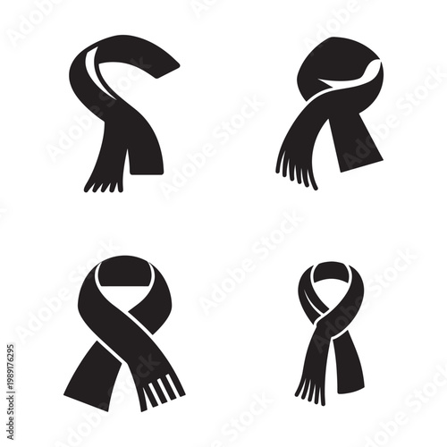 Four different black scarf silhouettes in various poses on white background for design and fashion concepts