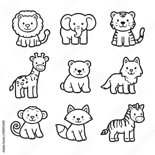 Cute Cartoon Wild Animal Line Art Icons Set for Coloring