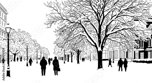 A serene winter park scene with snow-covered trees and pedestrians enjoying a quiet stroll
