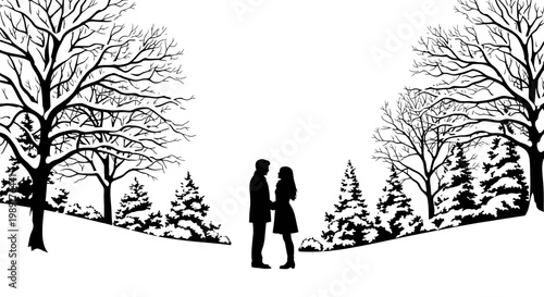 Embrace the tranquility of a winter wonderland as two figures, silhouetted against a serene backdrop of snow-covered trees, share a tender moment in this idyllic seasonal scene