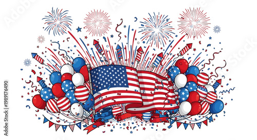 Vibrant patriotic celebration with American flag, fireworks, balloons, and confetti, embodying national pride and festive spirit for a special occasion