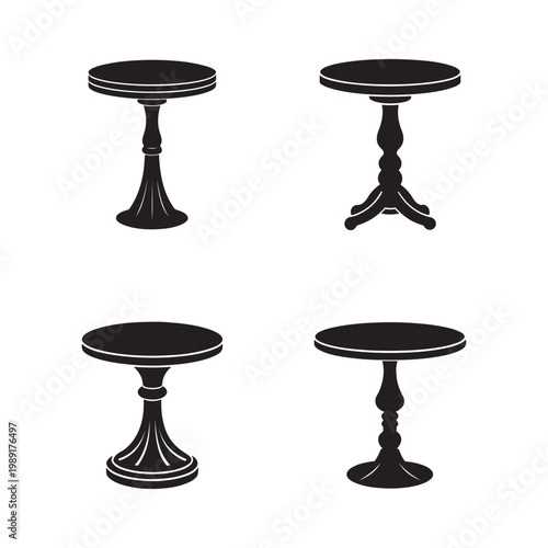 Four different black tables with various pedestal designs and white outlines on a white background  simple furniture icons