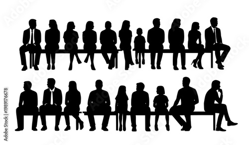 People silhouettes sitting on bench vector men women child profile group illustration