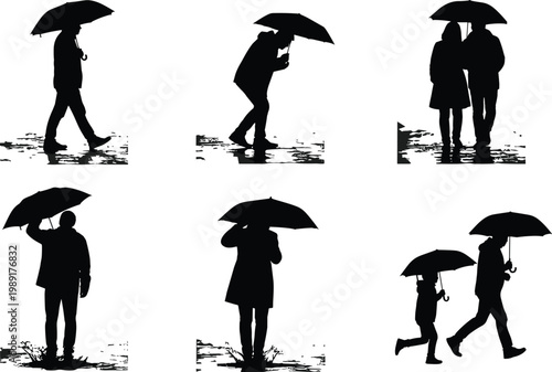 Silhouetted people holding umbrellas in rainy weather, diverse human figures, reflections in puddles, symbolic vector art, cad drawing flat vector illustration