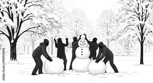 A group of people working together to build a large snowman in a snowy park with snow-covered trees in the background