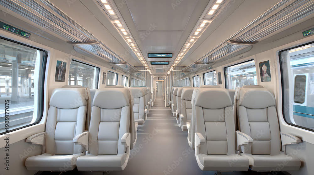 Obraz premium Modern High-Speed Train Cabin Featuring Clean Rows of Comfortable Seating