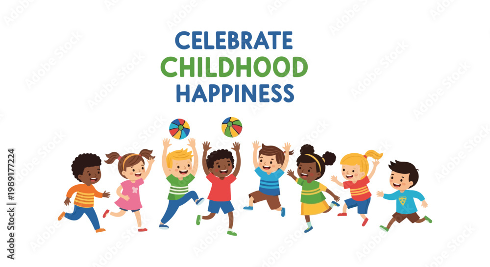 Fototapeta premium Diverse happy children playing and jumping with colorful balls, celebrating childhood happiness