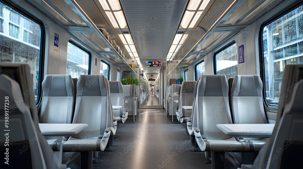 Obraz premium Modern High-Speed Train Cabin Interior with Clean Design and Comfortable Seating for Passengers