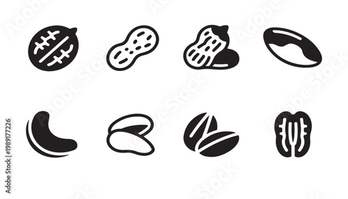 Diverse illustrations of stylized seeds and beans in black and white