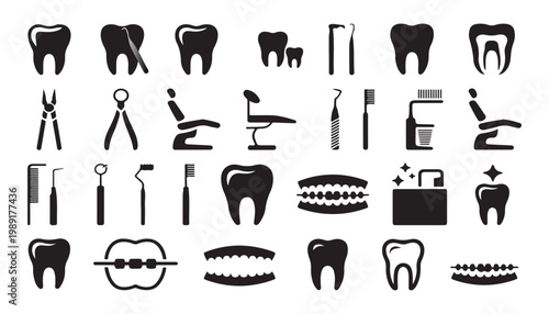 Iconic illustrations of dental tools, procedures, and oral health essentials