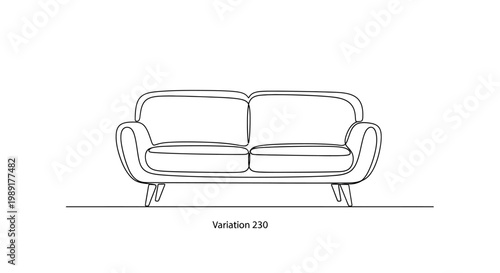Line art drawing of a modern two-seater sofa on a white background