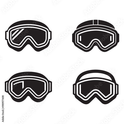 Four different ski goggles isolated on transparent background for sports and winter activities  various designs and shapes  goggles for protection and vision  skiing and snowboarding equipment
