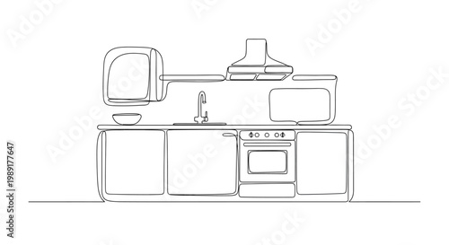 Modern Kitchen Outline Drawing with Appliances, Sink, and Cabinets