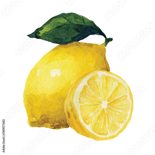 Lemons with green leaf on top.