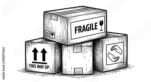 Three stacked cardboard boxes with shipping labels.